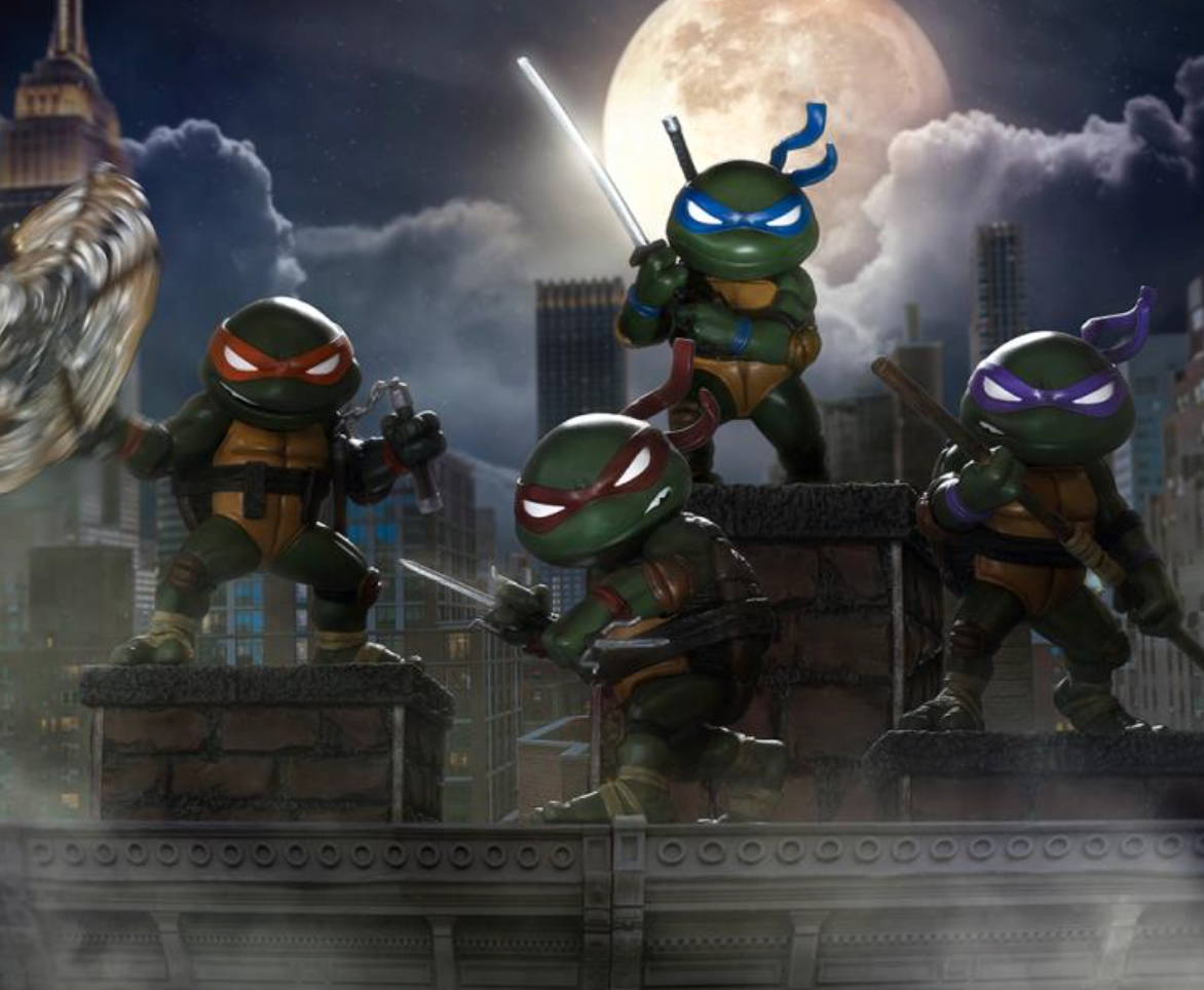 Four Teenage Mutant Ninja Turtles stand on rooftop ledges in a nighttime city scene under a full moon. Leonardo is centered with a glowing sword, Michelangelo holds a metallic shield, Raphael is on the right with a sword, and Donnie is in the foreground with a sword.